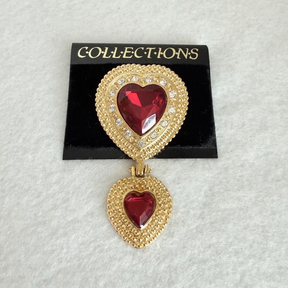 Y2K Collections Vintage Style Gold Tone Red Crystal Double Heart Drop Brooch Pin